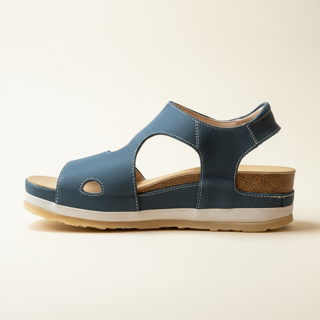Blue sandal with a white sole on a beige background