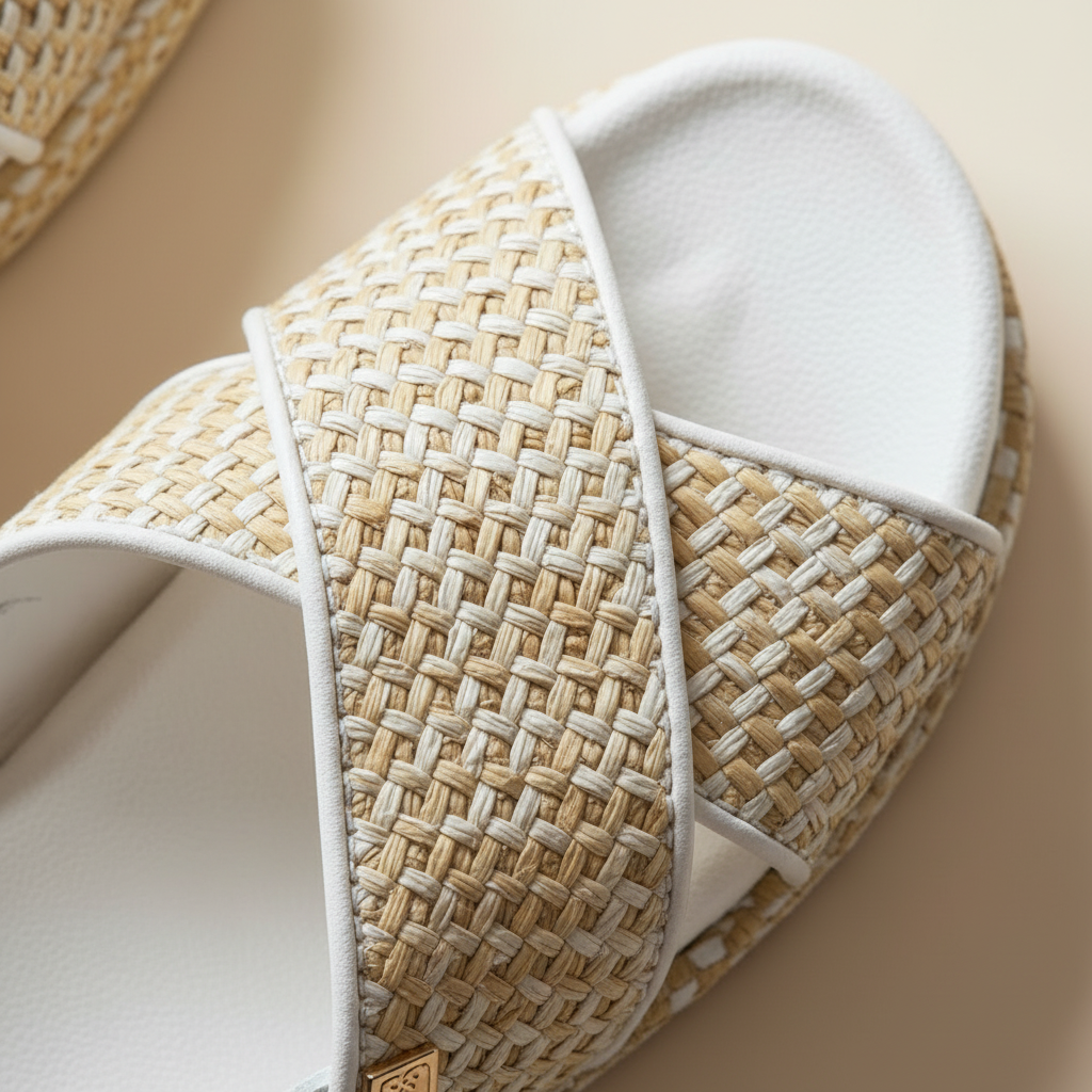 A close-up of a woven slide sandal with beige and white braided straps and a white footbed, shown on a warm beige background.