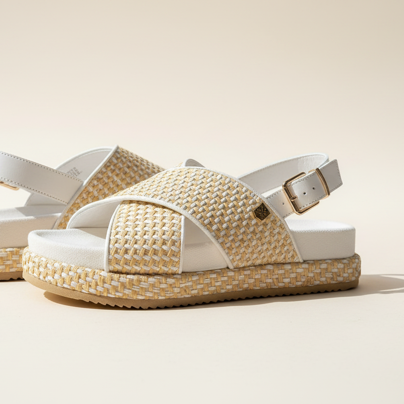 A pair of white and woven beige platform sandals with adjustable ankle straps and gold-tone buckles, shown on a clean beige background.