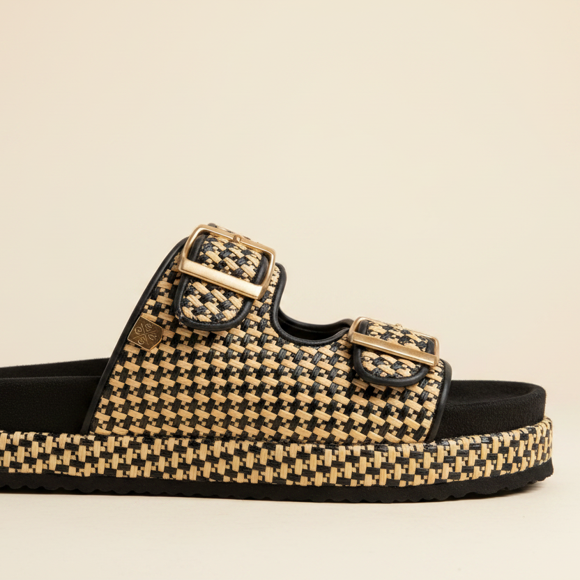 A single platform slide sandal with a black and beige houndstooth pattern, featuring two adjustable straps with gold-tone buckles and a black sole, shown against a solid light beige background.