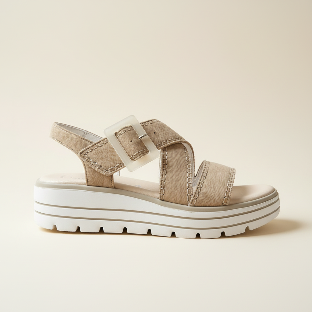 Beige sandal with white sole on a beige background