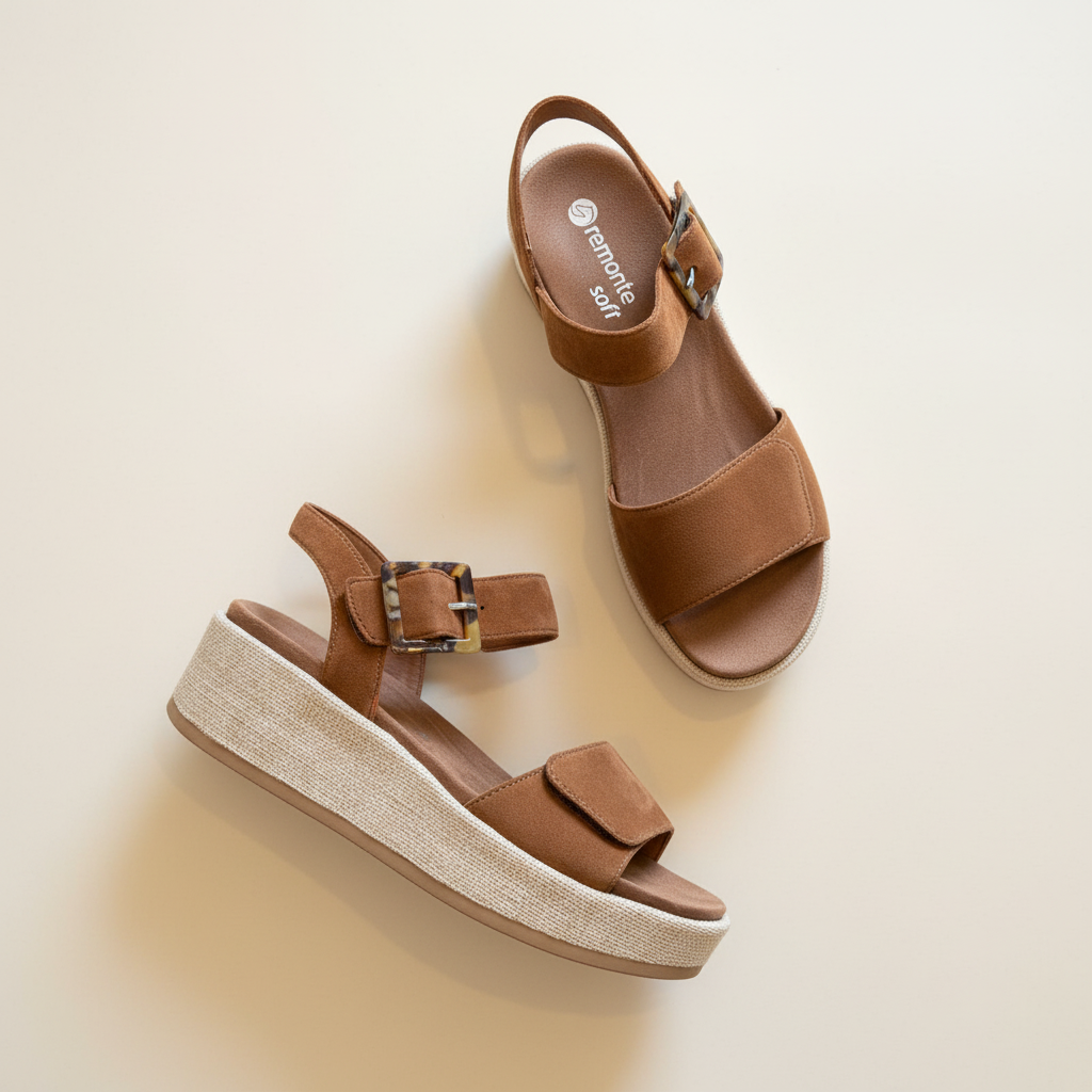 Brown platform sandals with buckle details on a beige background