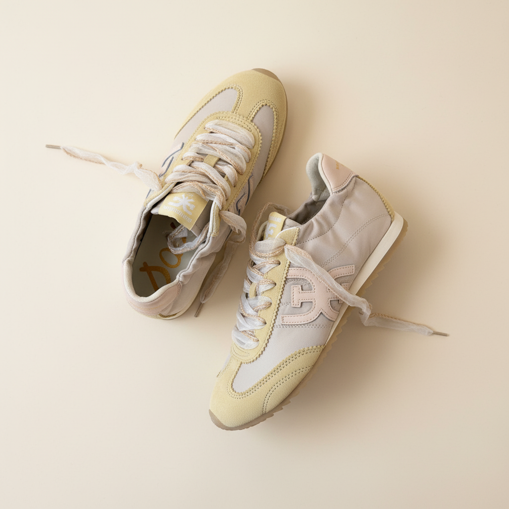 Pair of light yellow and white sneakers on a beige background