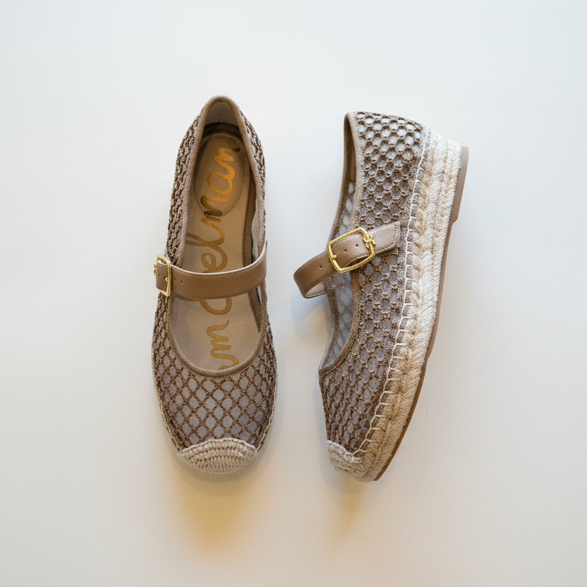 Pair of woven shoes with buckles on a white background