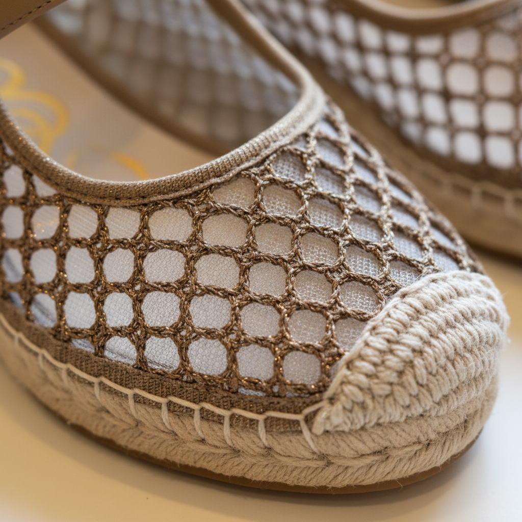 Close-up of a beige shoe with mesh design and textured sole on a light background