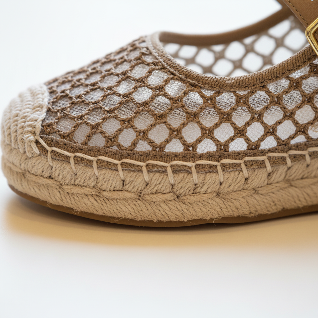 Close-up of a brown espadrille shoe with woven design on a white background