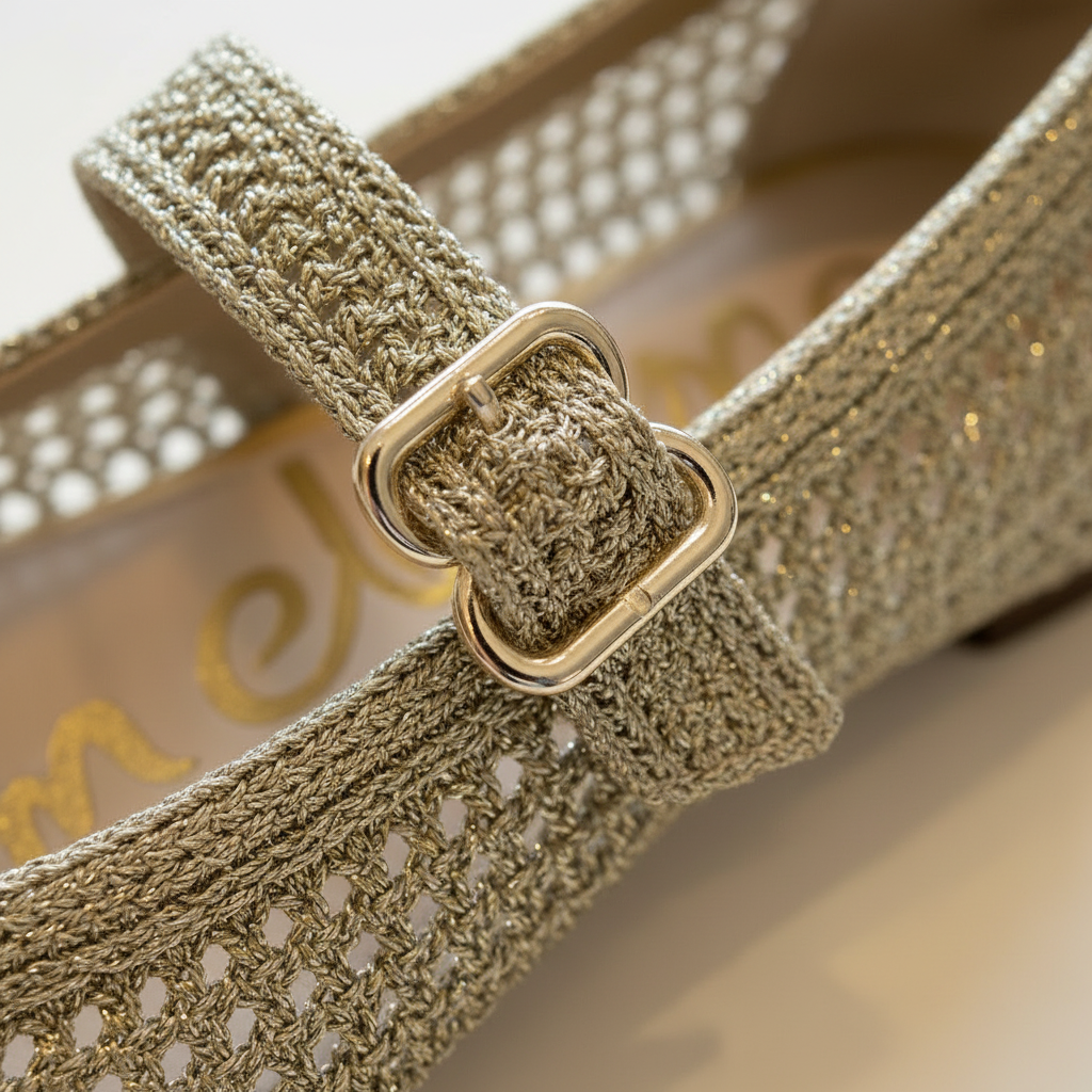 Close-up of a gold shoe strap with a buckle on a blurred background