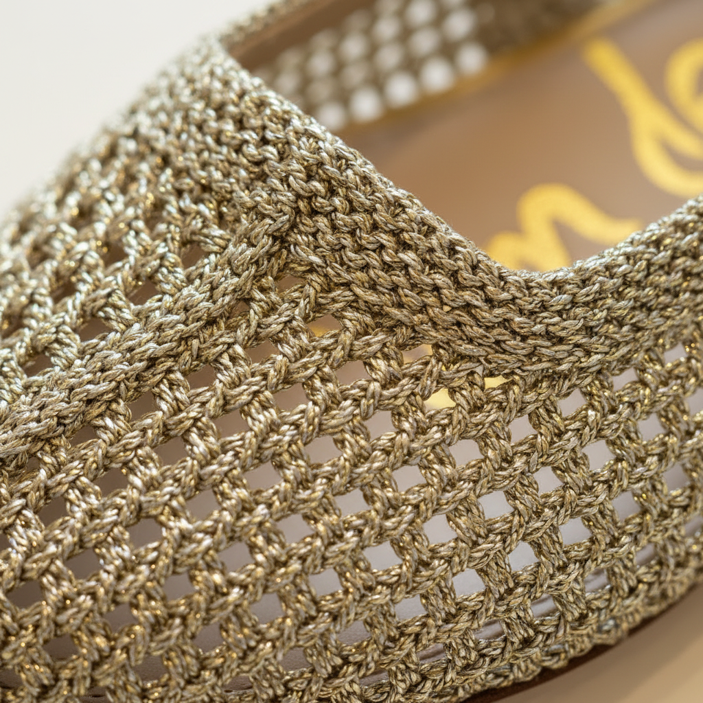 Close-up of a gold mesh shoe with a blurred background