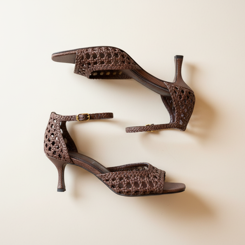 Pair of brown high-heeled shoes on a beige background