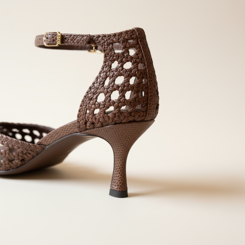Brown high-heeled shoe with cut-out design on a beige background