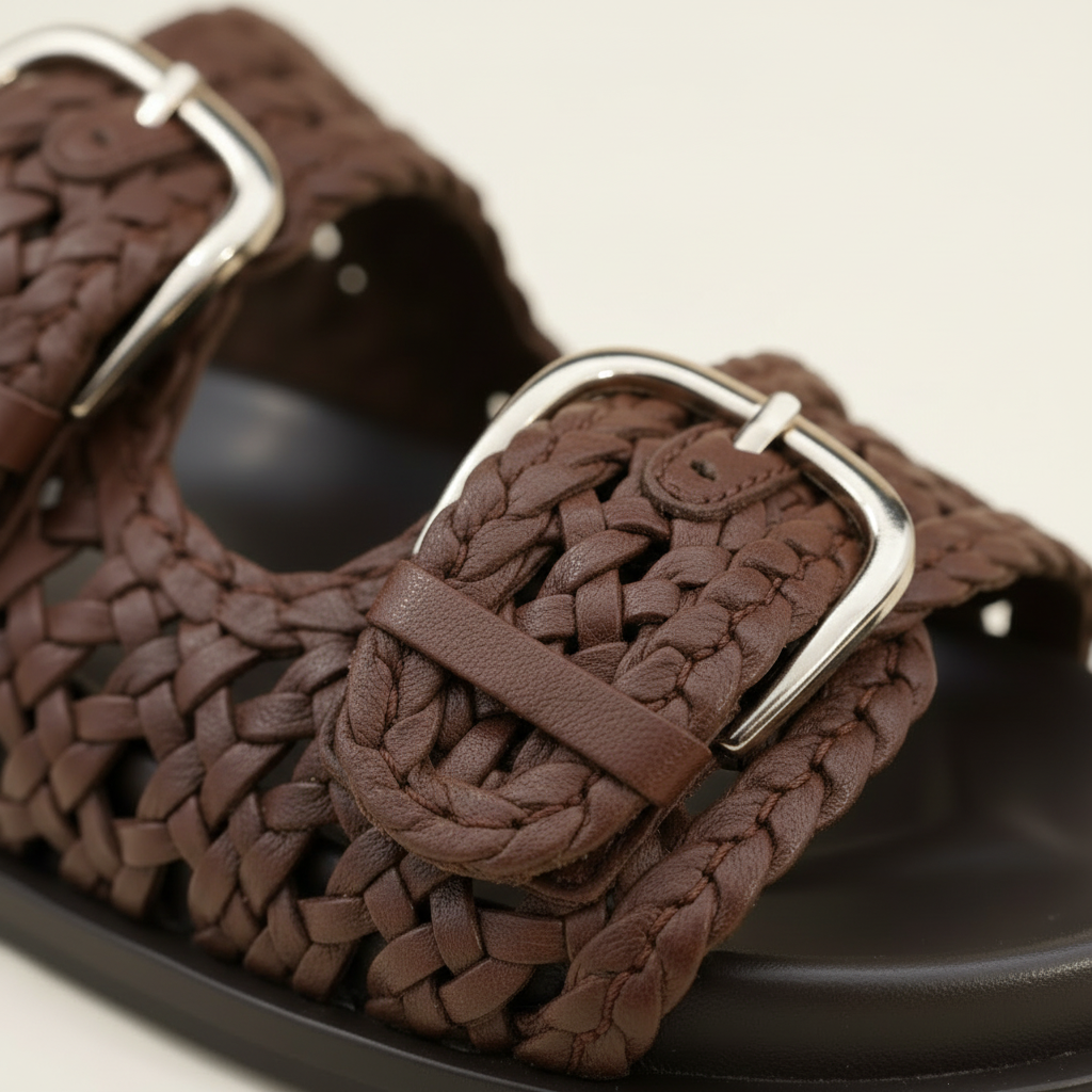 Brown woven sandal with a metal buckle on a neutral background