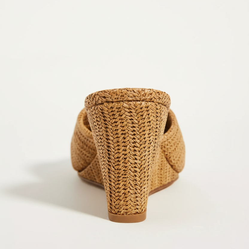 Brown woven wedge shoe on a white background