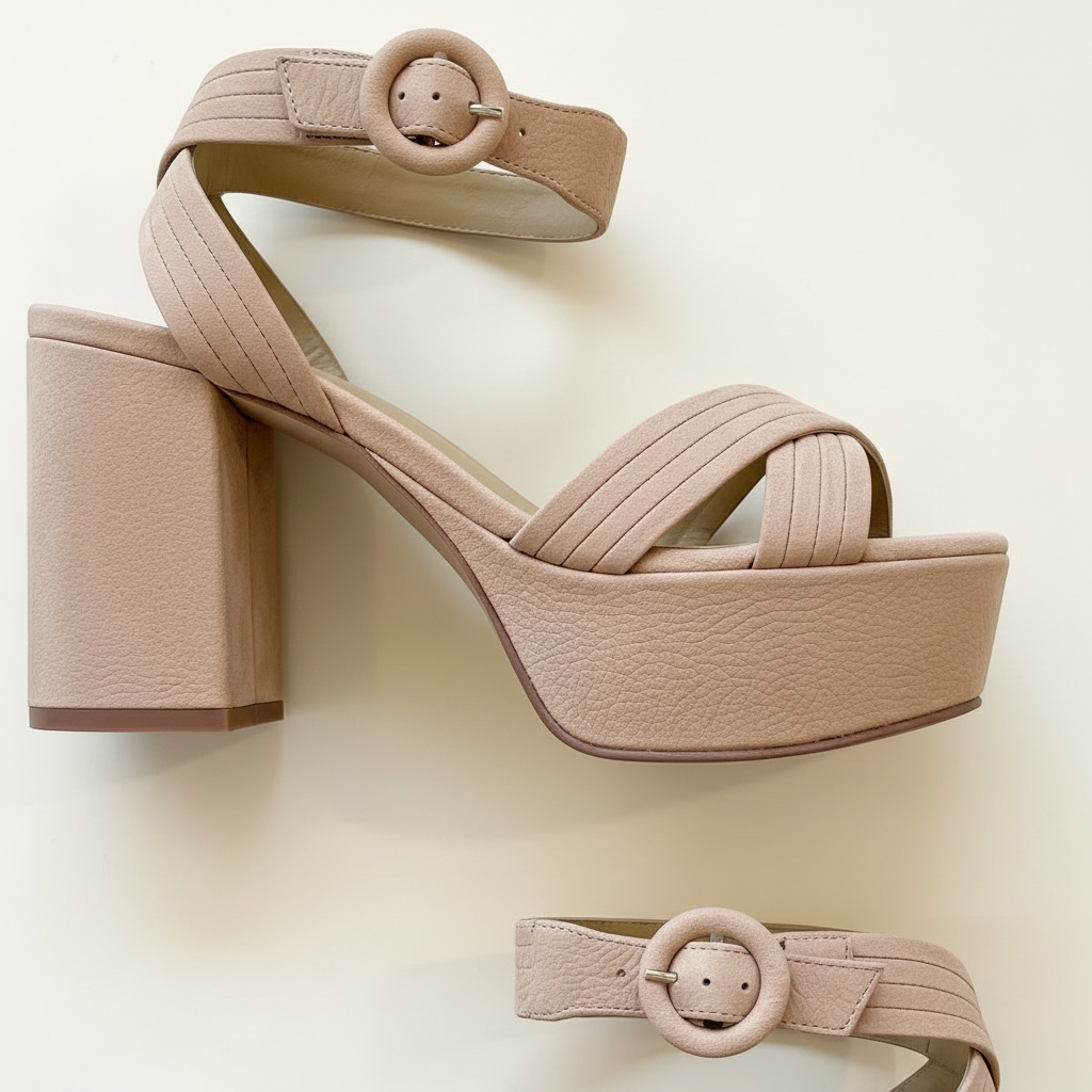 Beige high-heeled sandals with a strap and buckle on a light background