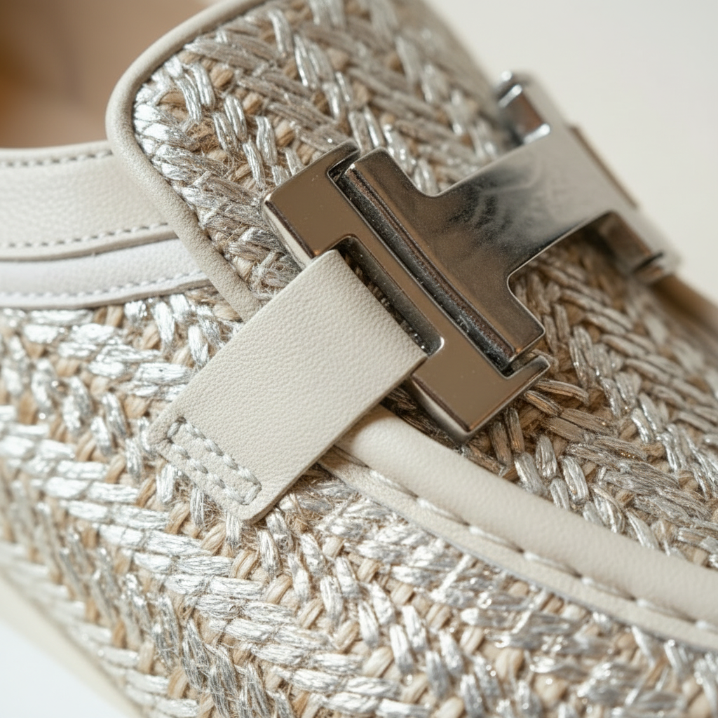 Close-up of a woven handbag with a metallic clasp on a neutral background