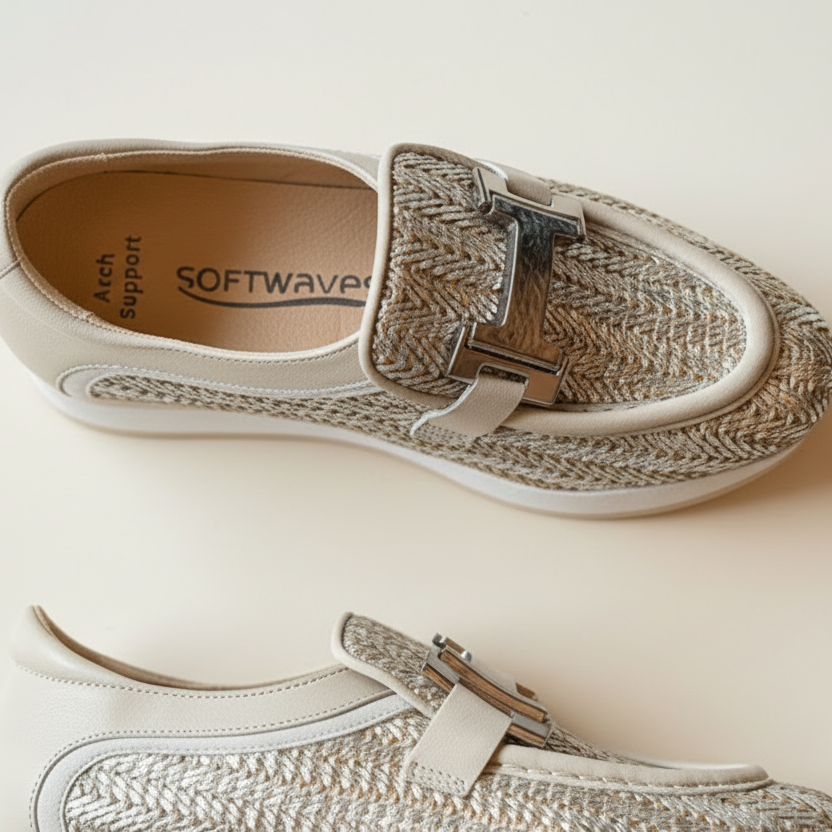 White sandal with woven strap and 'Softwaves' branding on a light background
