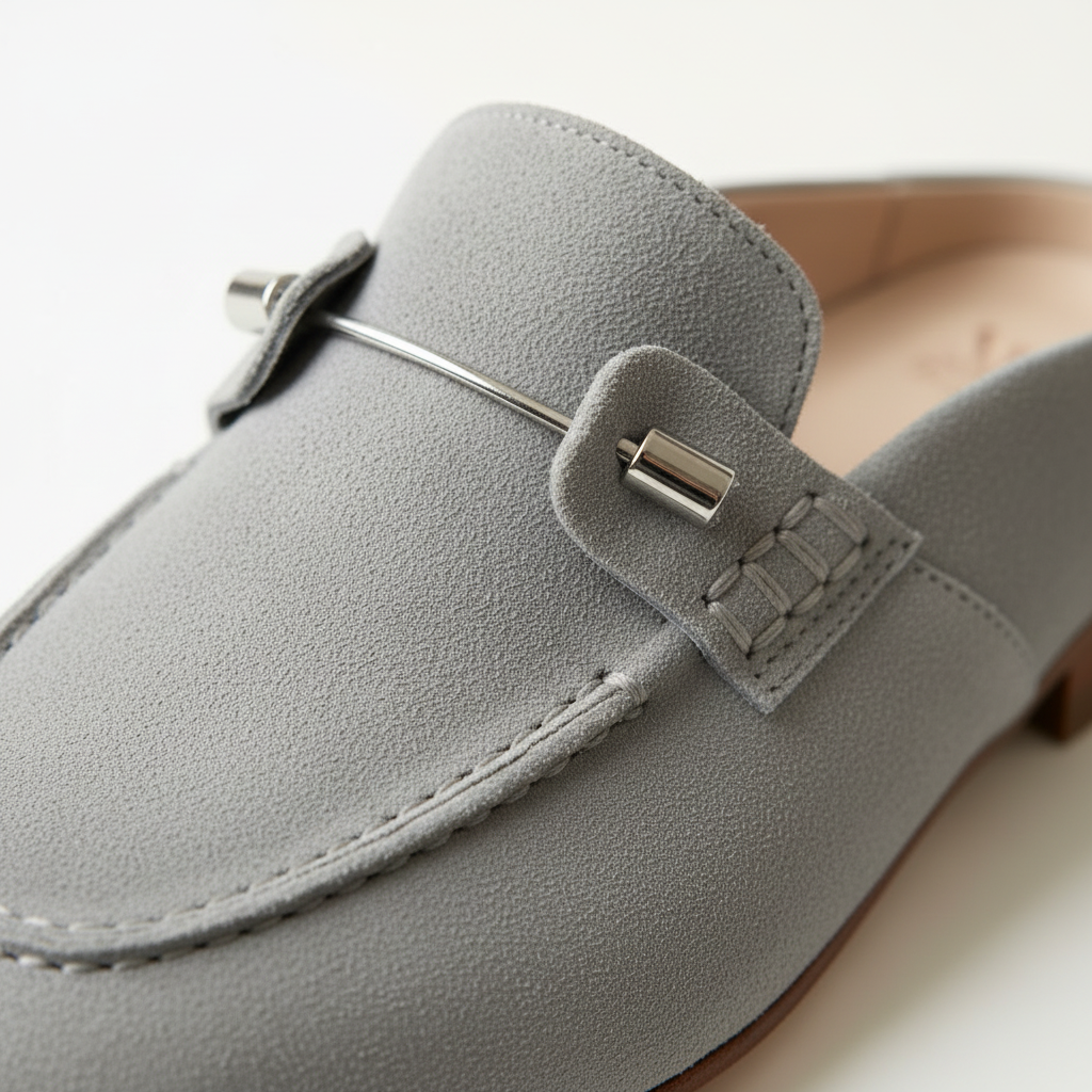 Gray loafer with a decorative pin on a light background