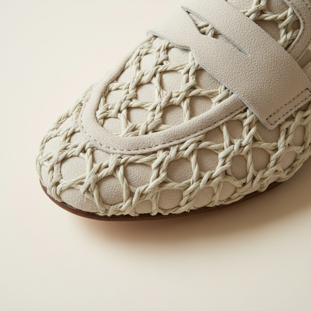 Beige woven shoe on a light beige background