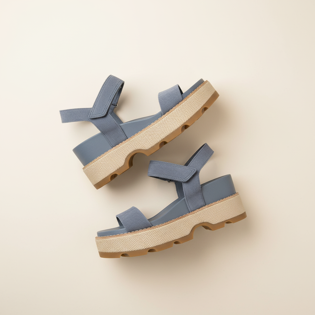 Pair of blue sandals with brown soles on a beige background