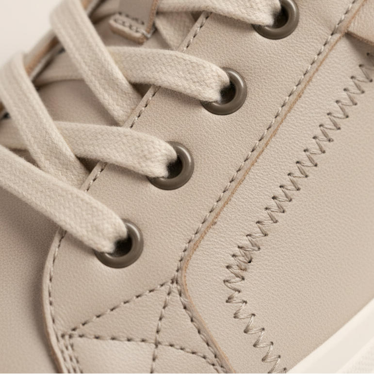 Close-up of beige leather sneaker with lace-up design and brand logo.
