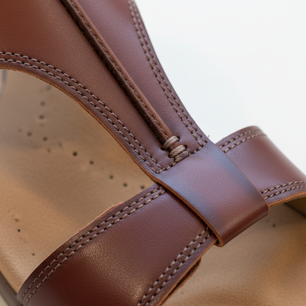 Close-up of a brown sandal with leather strap and open toe design.