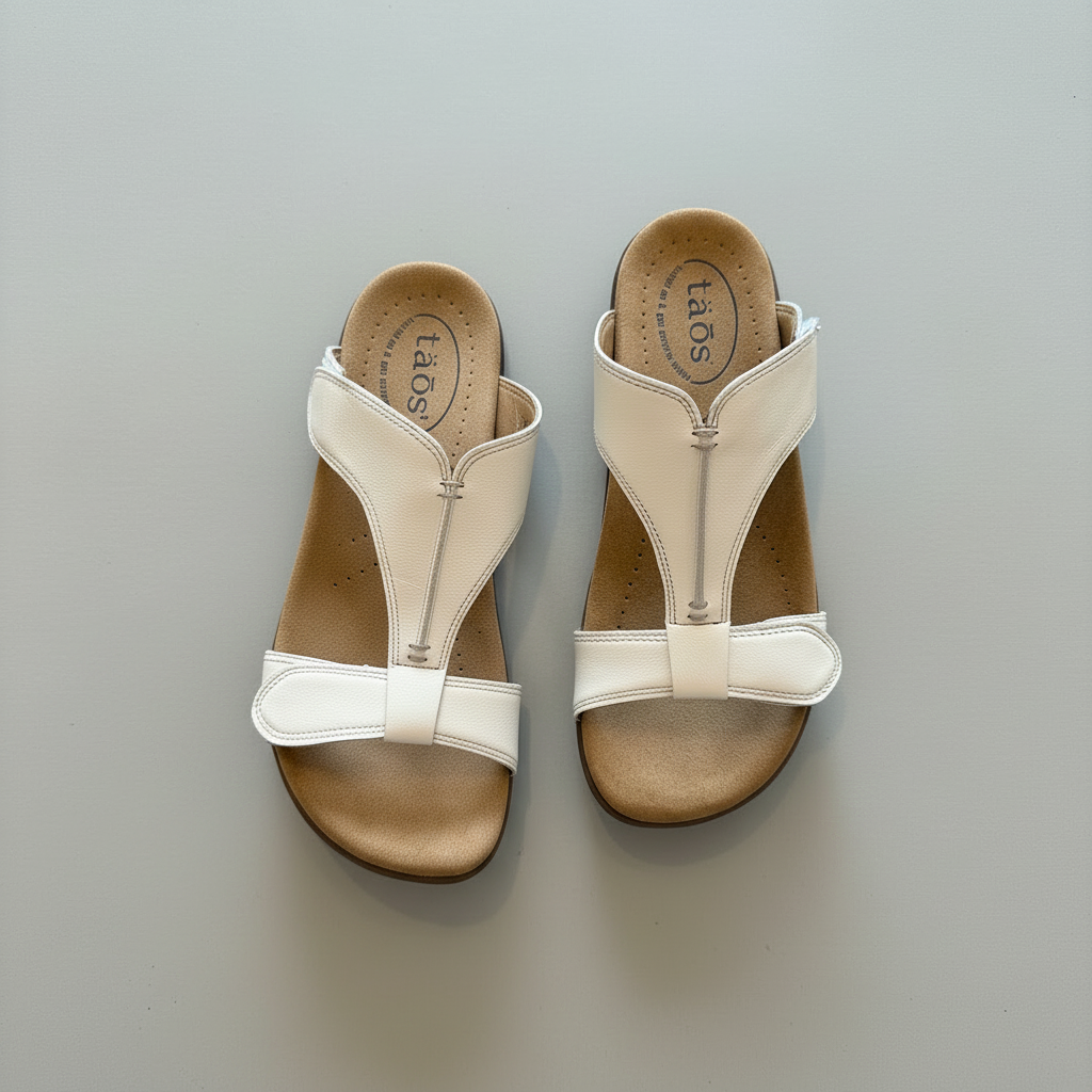 Pair of beige sandals with white straps on a gray background