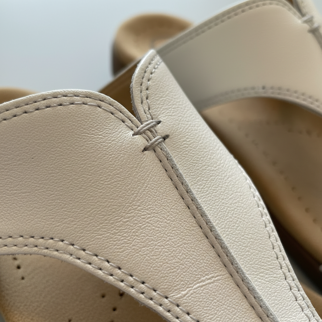 Close-up of beige leather sandals with stitching detail on a light background