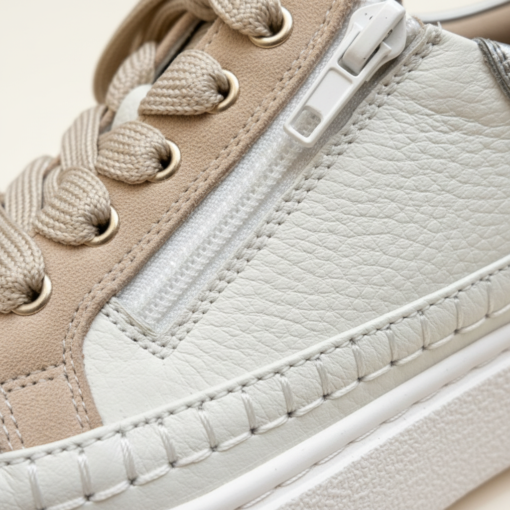 Close-up of a beige and white sneaker with a zipper detail.