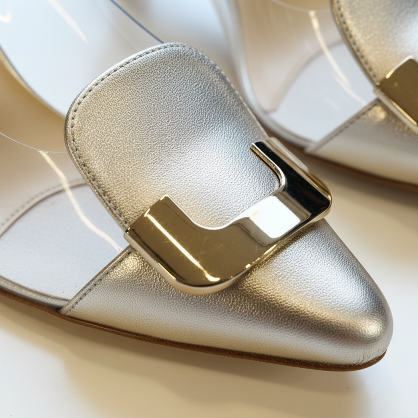 Close-up of a silver shoe with a gold buckle on a light background
