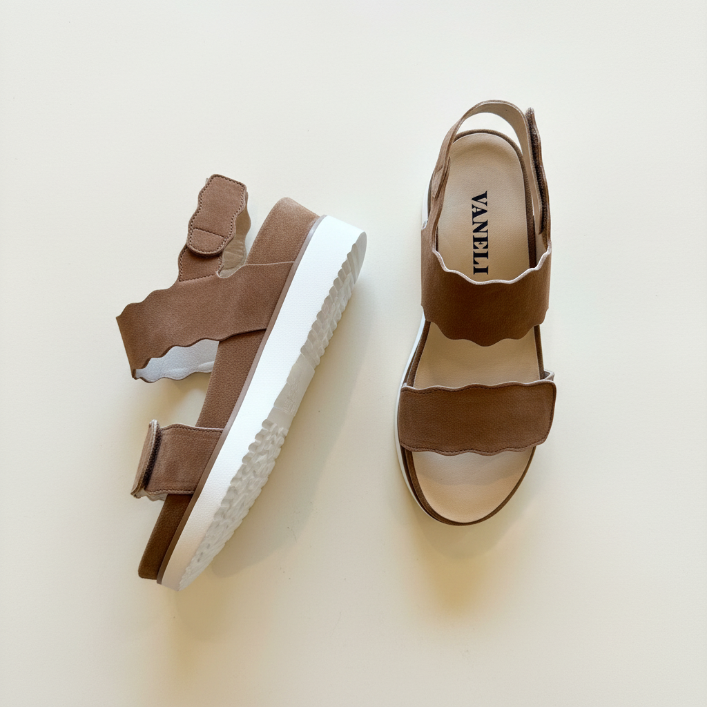 Brown sandals with white soles on a light beige background