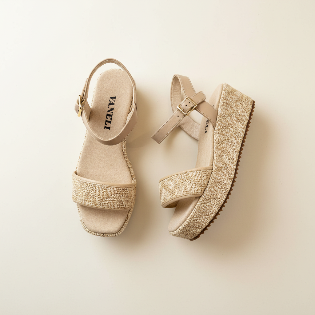 Pair of beige sandals with glittery straps on a light background
