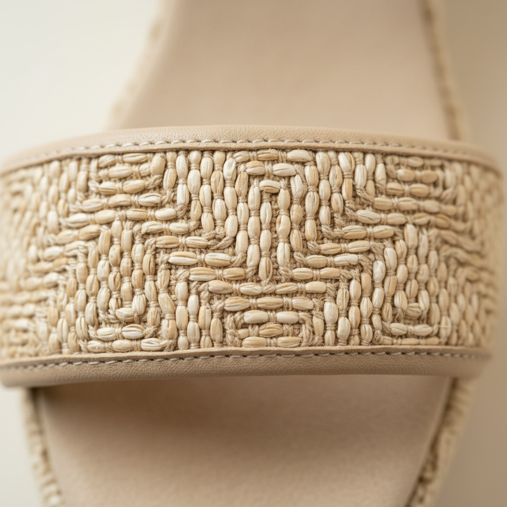 Close-up of a beige woven sandal strap on a blurred background