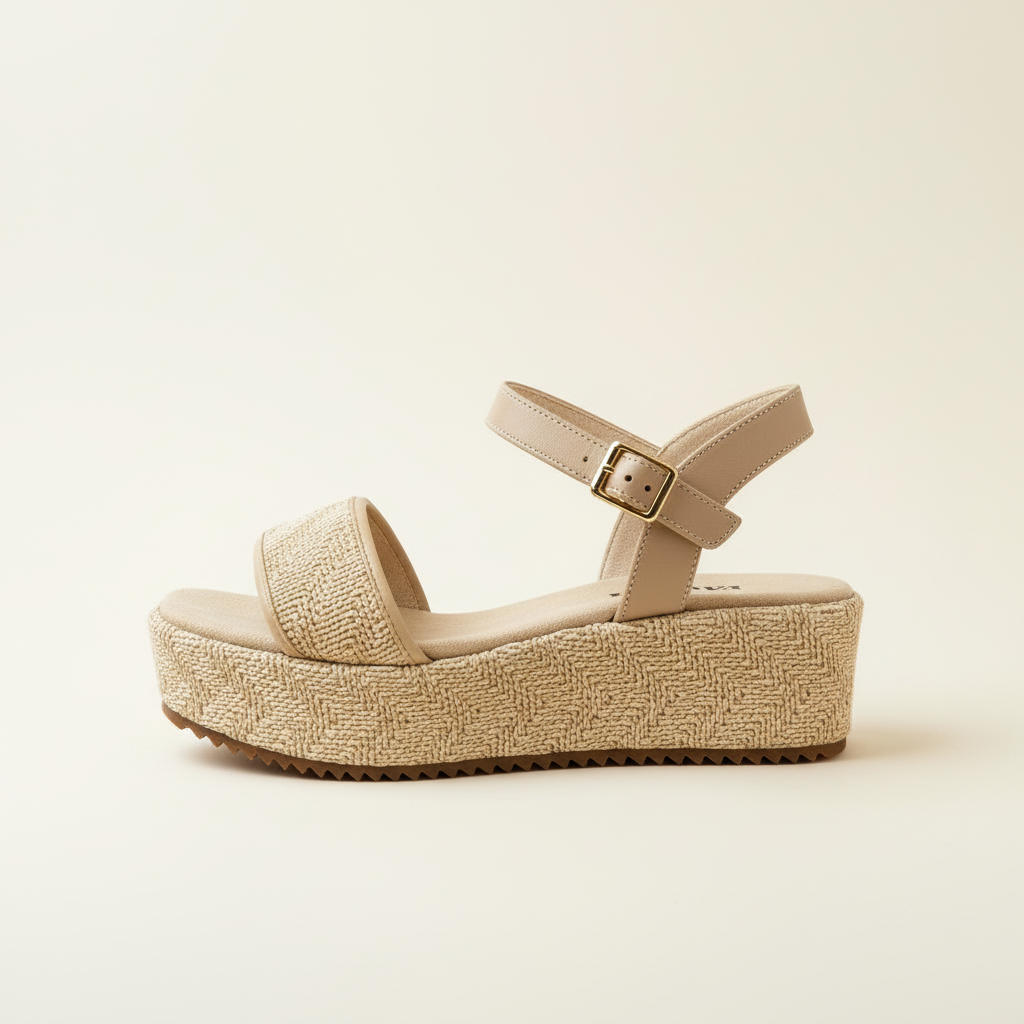 Beige sandal with textured sole on a light beige background