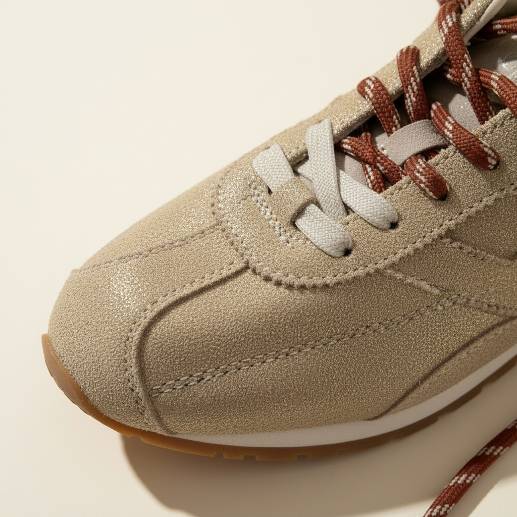 Beige sneaker with brown laces on a beige background