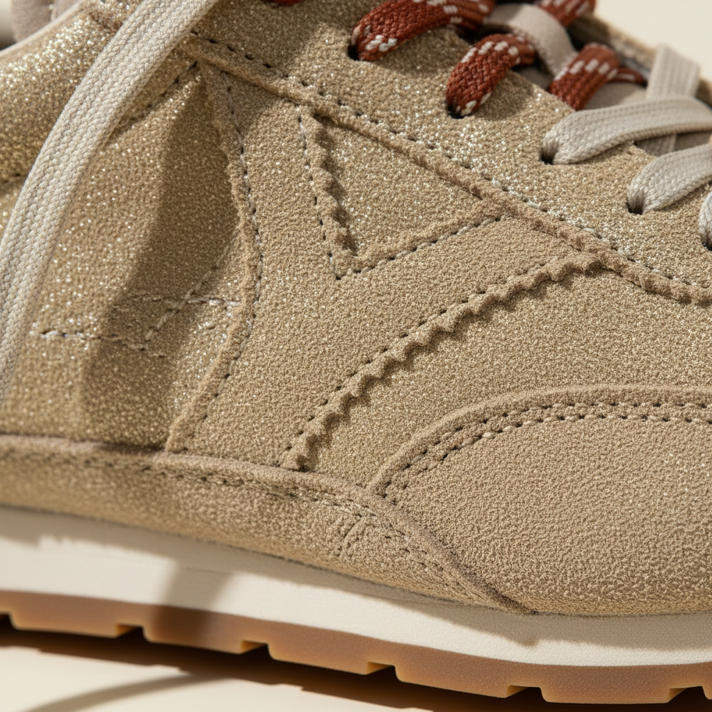 Close-up of a beige sneaker with brown laces on a light background