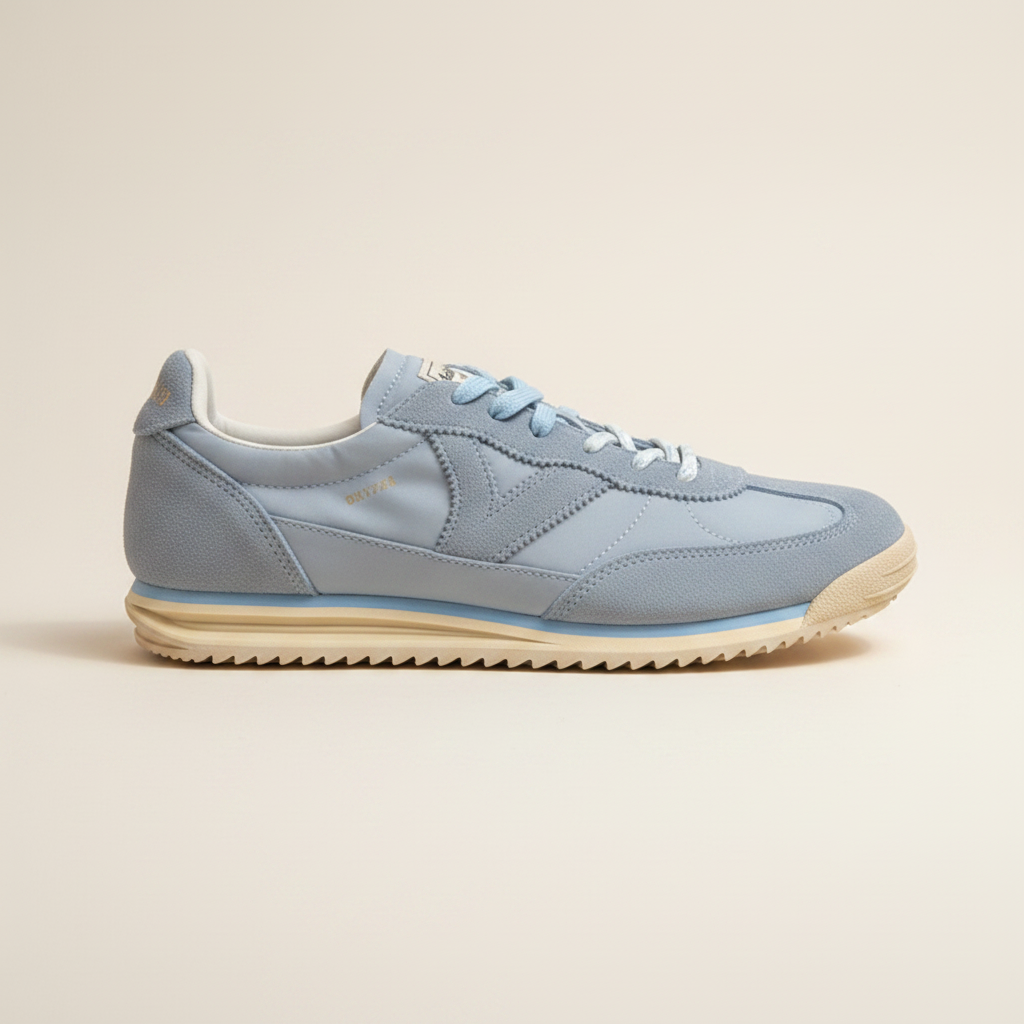 Blue sneaker with beige sole on a beige background