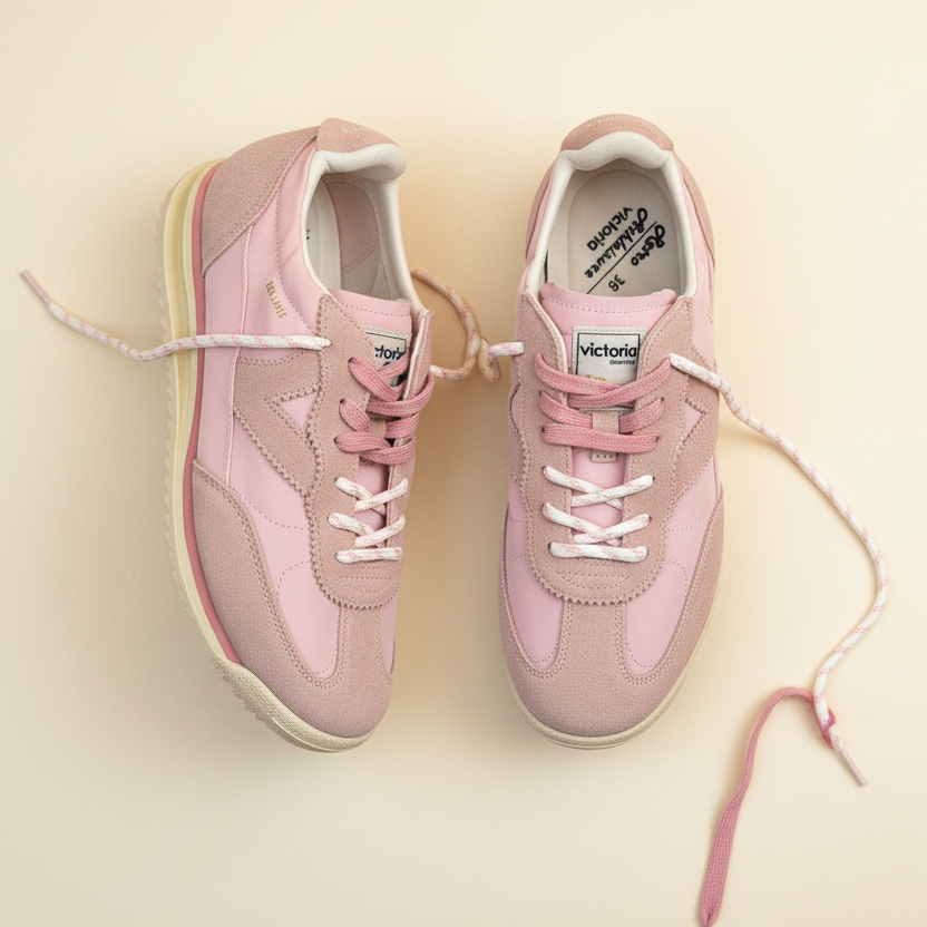 Pair of pink sneakers with white laces on a beige background