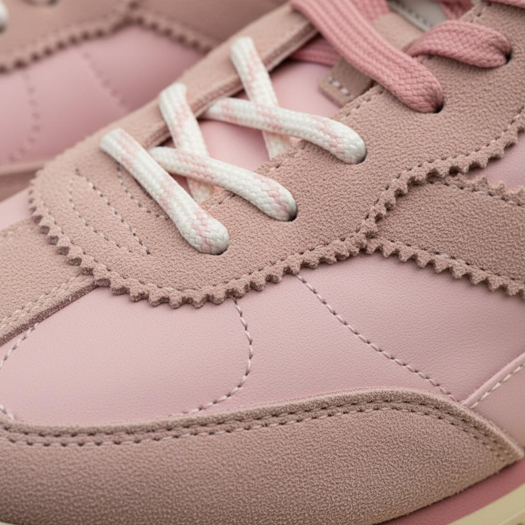 Close-up of a pink sneaker with white laces