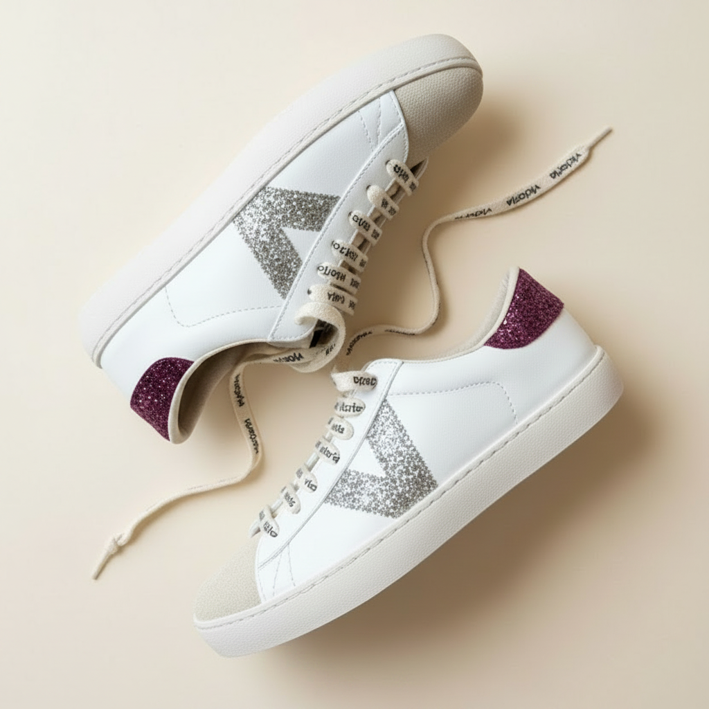 A pair of white low-top sneakers with glittery silver star accents on the sides, white laces with black lettering, and dark glitter heel tabs, arranged on a light beige background.