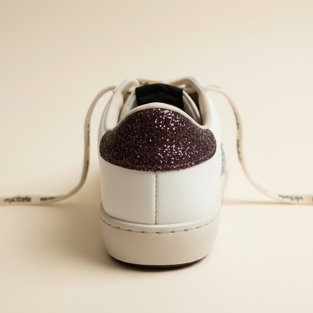 A white leather low-top sneaker shown from the back, featuring a prominent dark purple glittery heel tab and off-white laces on a warm beige background.