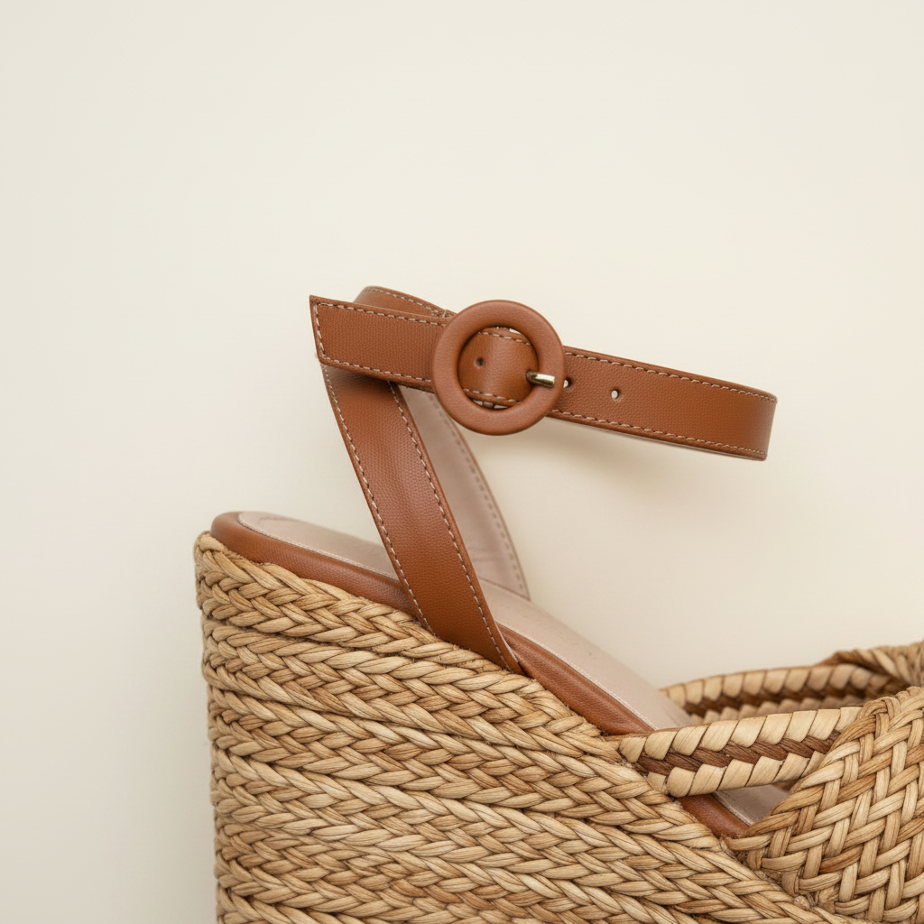 Brown sandal with woven wedge sole on a beige background