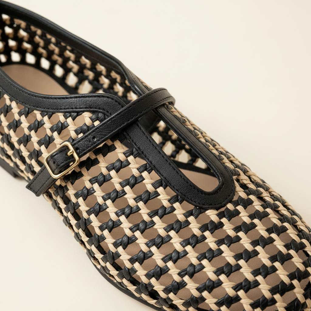 Woven shoe with black accents on a beige background