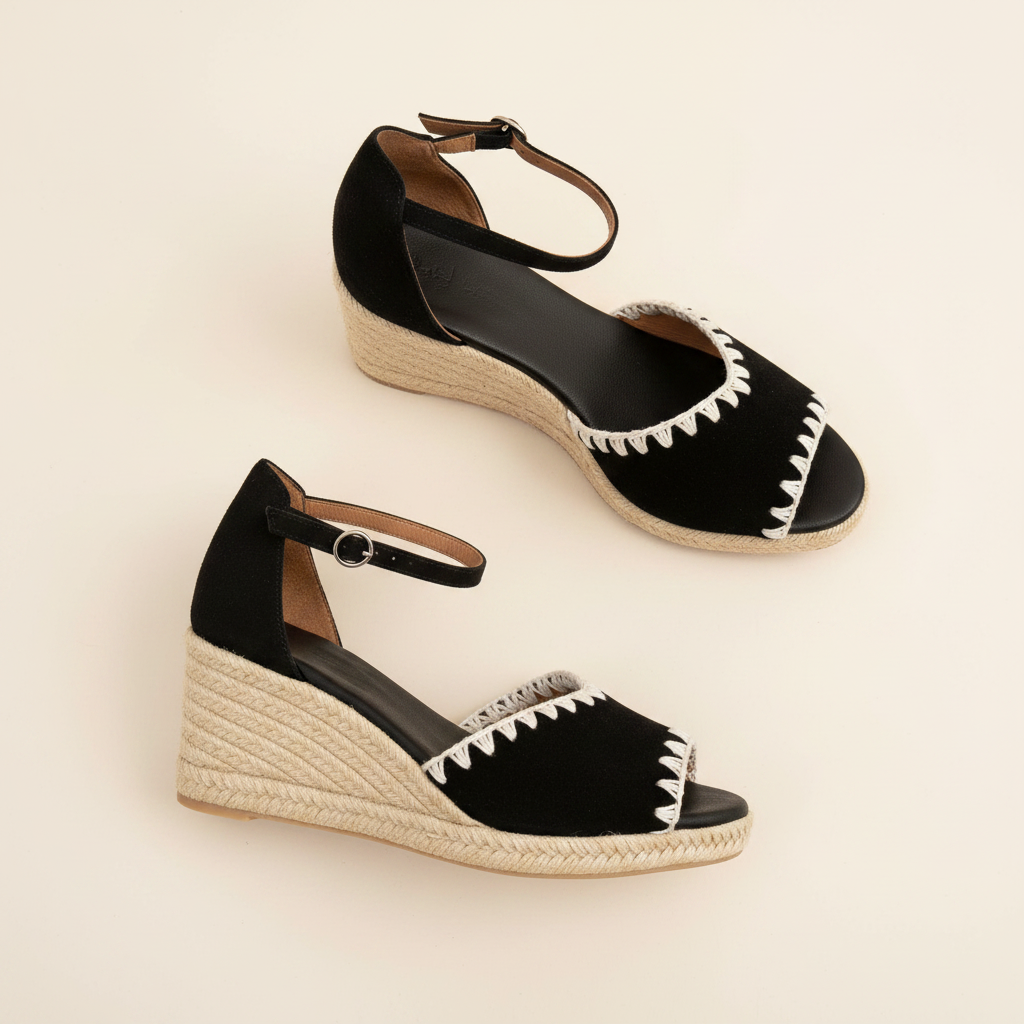 Black wedge sandals with white trim on a beige background