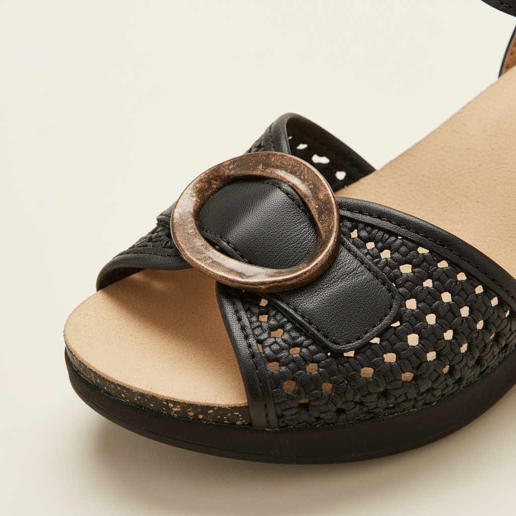 Black sandal with a brown buckle on a beige background