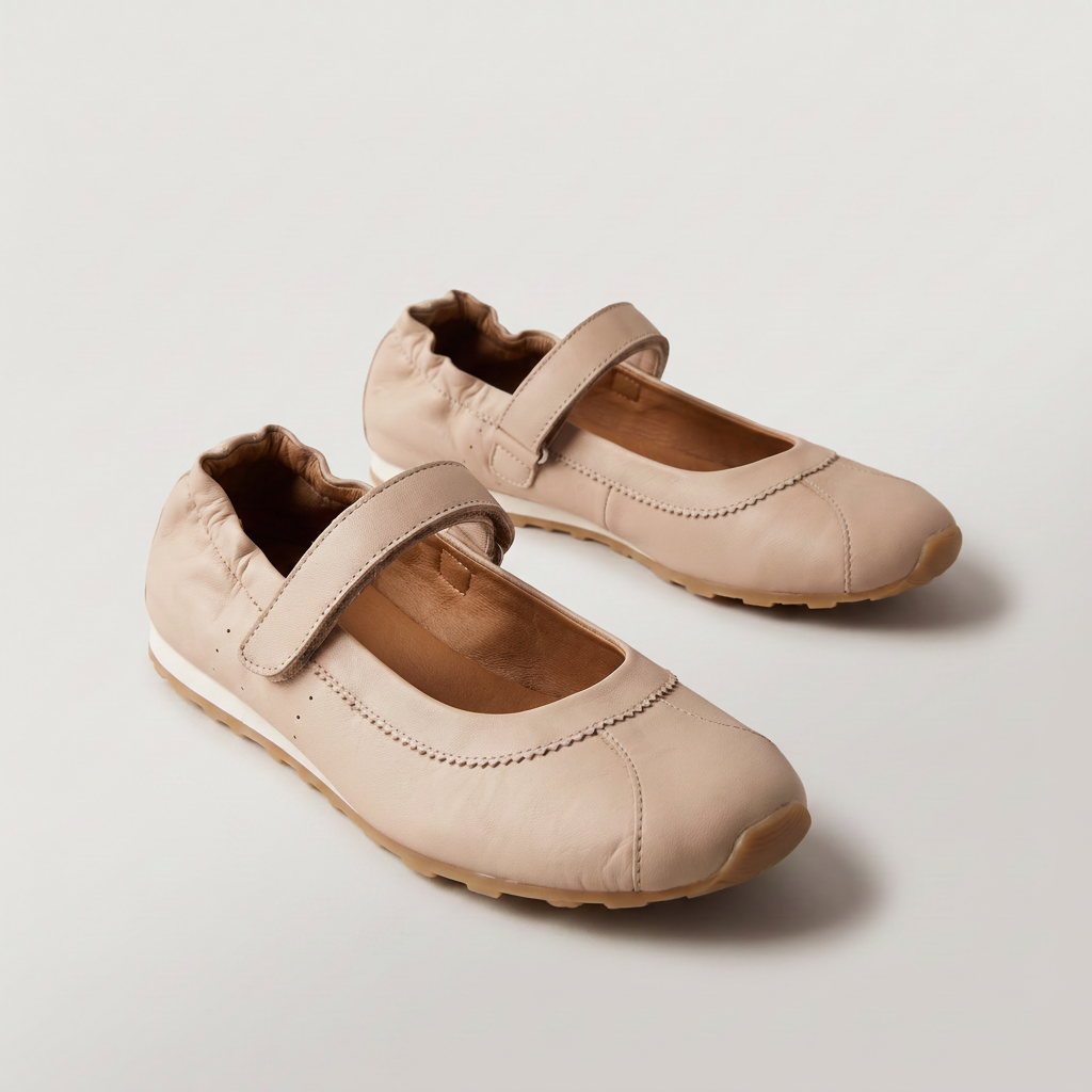 A pair of beige Mary Jane flats with elastic straps and decorative stitching, photographed on a light gray background.