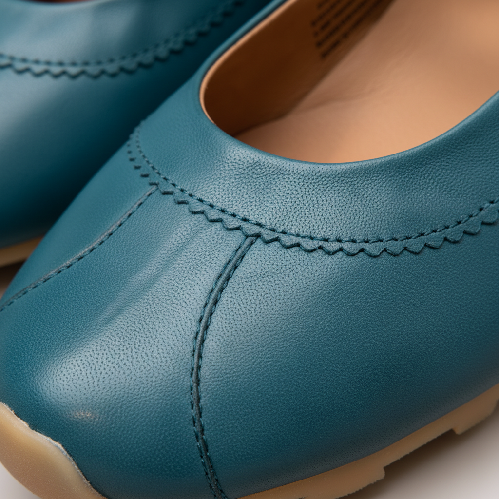 A close-up of a teal blue leather shoe with decorative stitching and a beige outsole, showing the textured leather surface and interior lining.