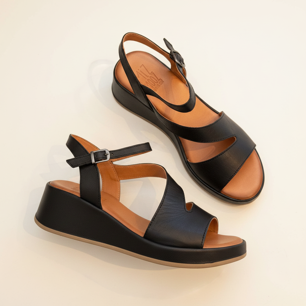 Black and brown sandals on a light beige background
