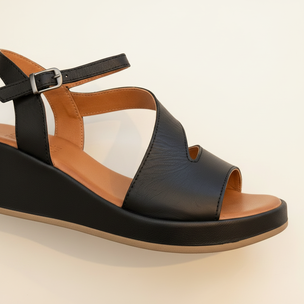Black and brown sandal with a strap on a beige background