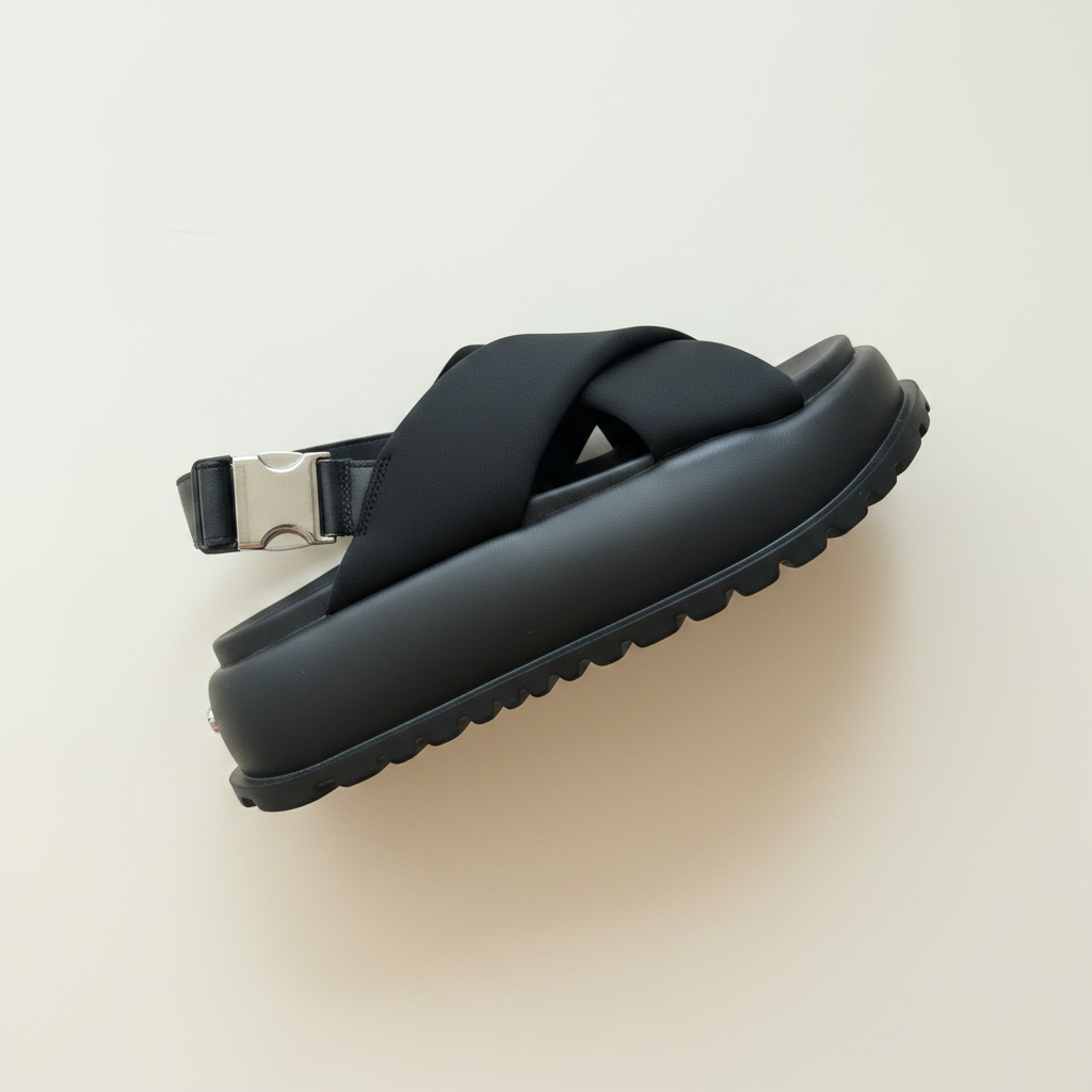 Black sandal with a thick sole on a light beige background