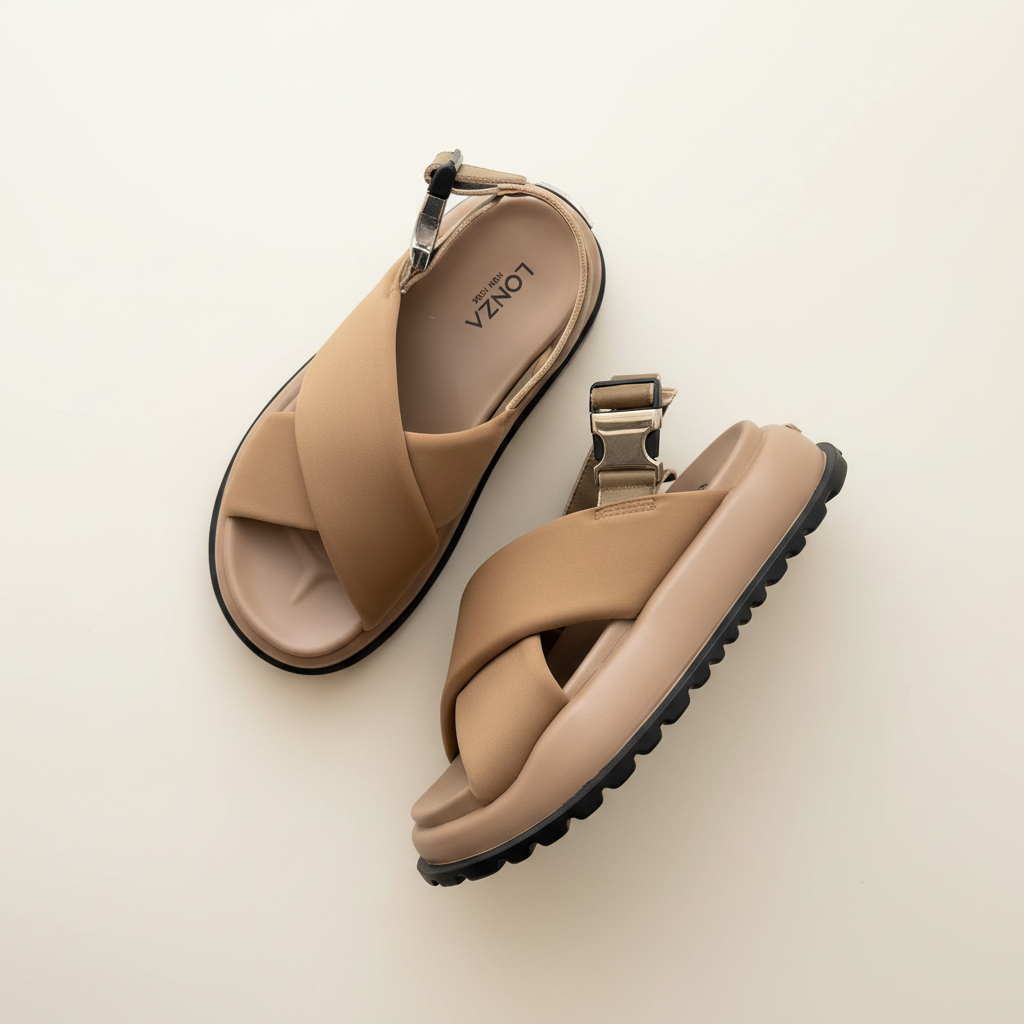 Pair of tan sandals with a brand logo on a light beige background