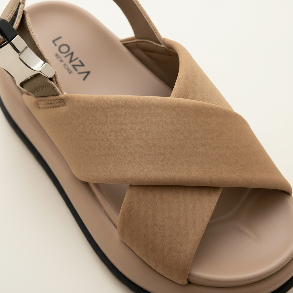 Beige sandal with criss-cross strap design on a light background